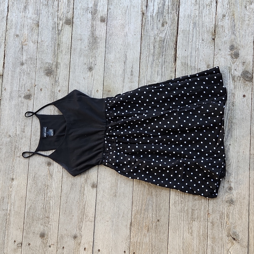 Black Polka Dot Cutout Dress - Small Sundress Flouncy Girly Black White